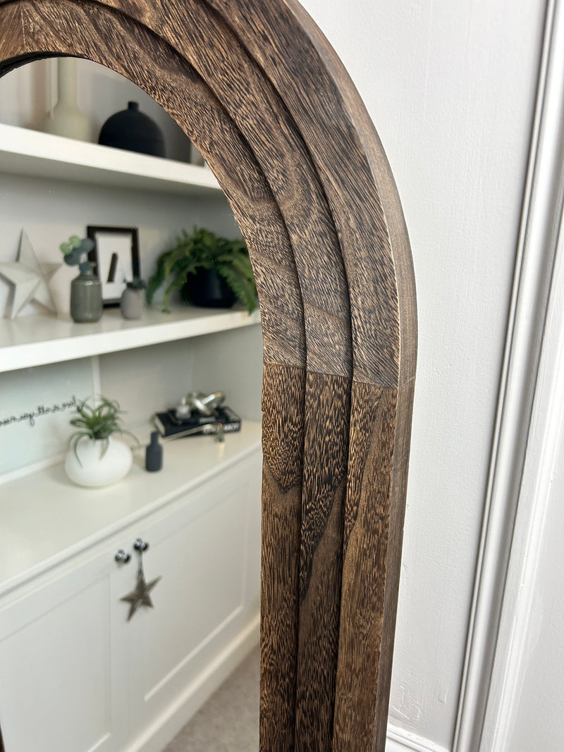 Dark wood stain arched floor length mirror two sizes