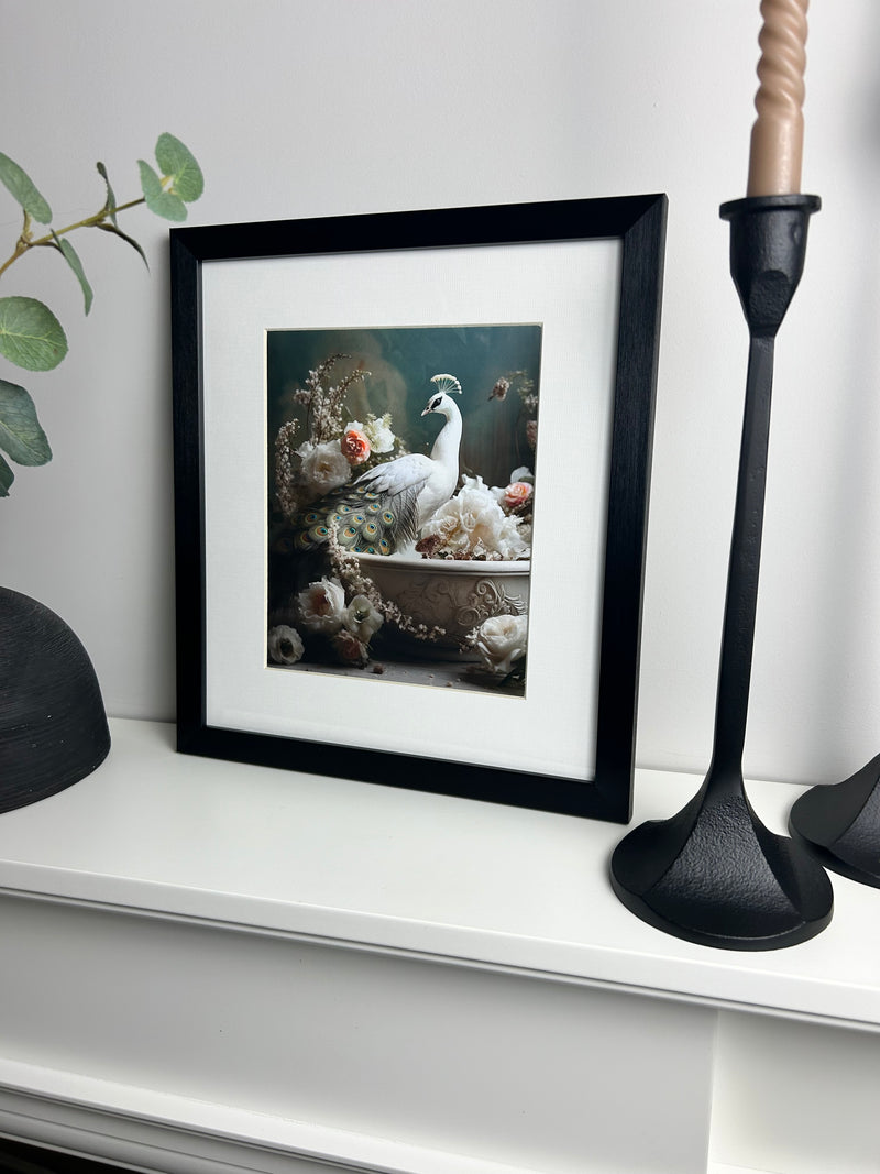 Bathroom joy peacock framed print 30x34cm