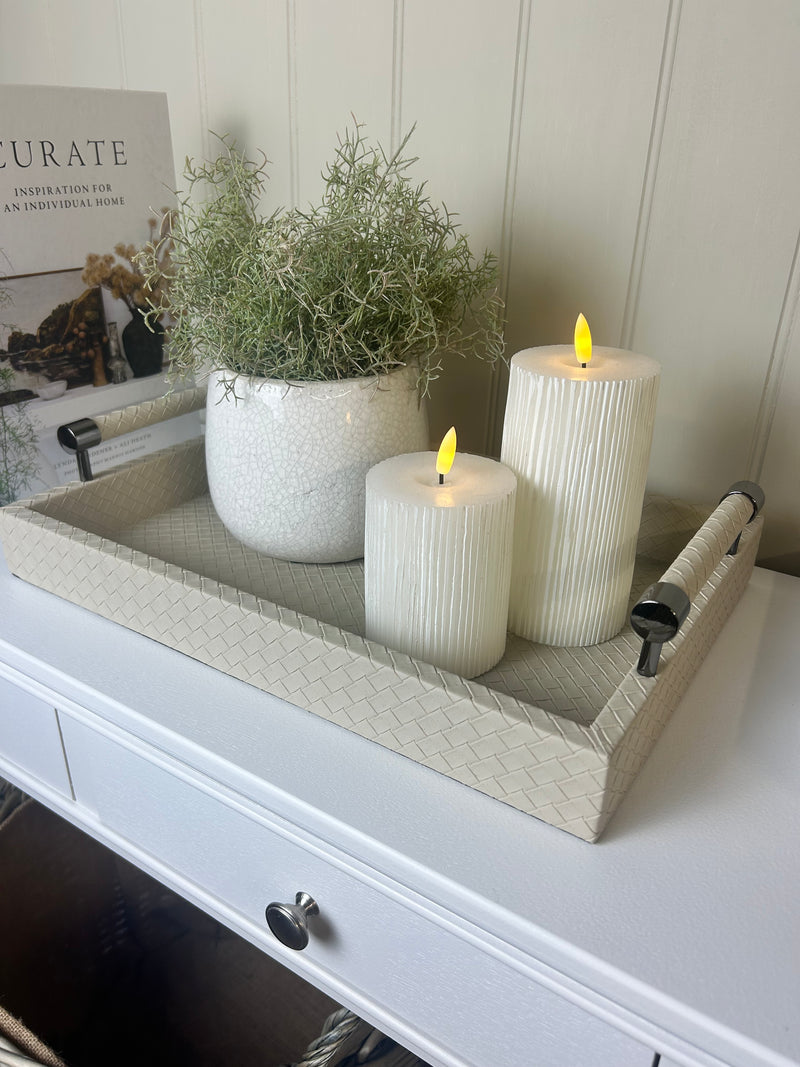 Cream leather look woven tray with gunmetal handles