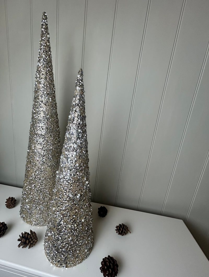 Set of two tall sequin gold cone trees