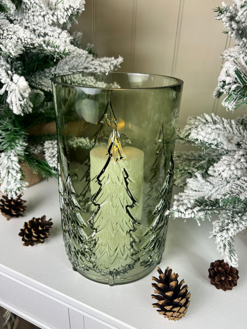Large glass Green tree Forest Candle Holder embossed