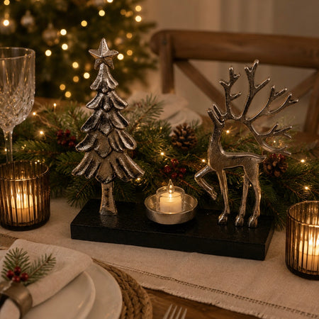 Tree and reindeer metal candle holder