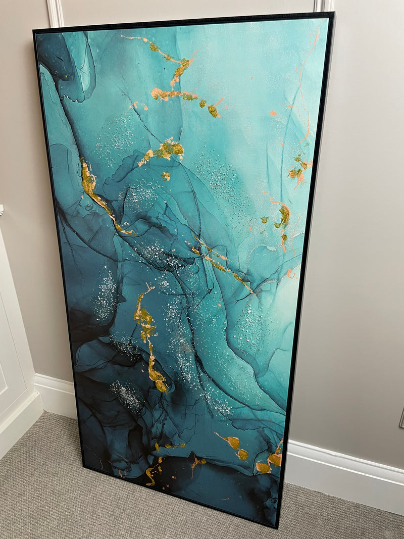 Framed Teal Blue and Gold Abstract Canvas 62cm x 122cm