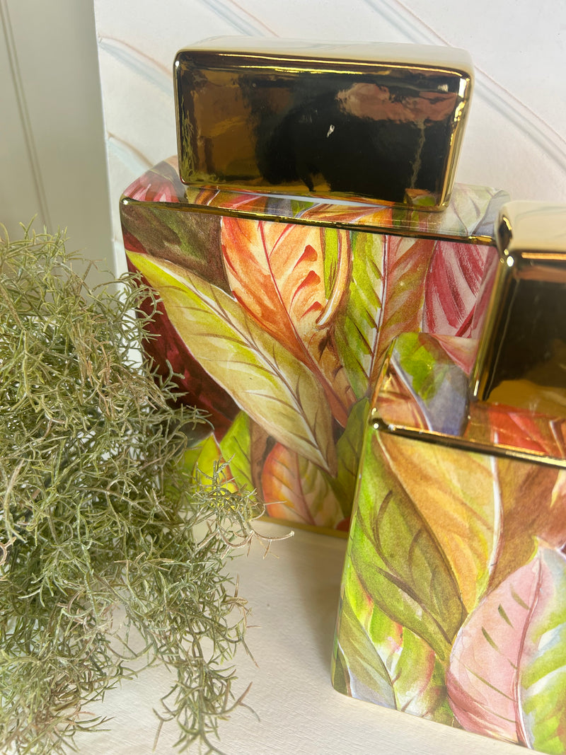 Green leaves ceramic lidded ginger jar 2 sizes