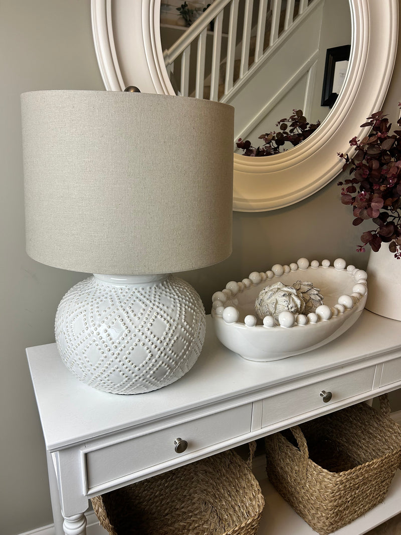 Squat beaded bobble ceramic lamp with shade