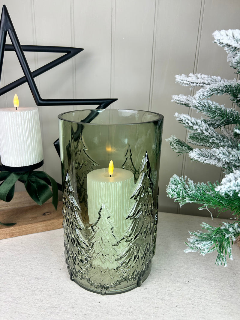 Large glass Green tree Forest Candle Holder embossed