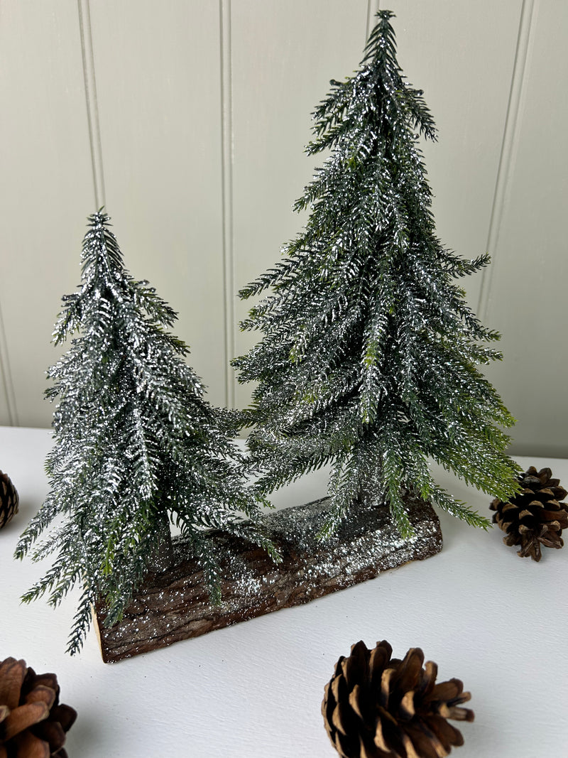 Double Frosted Tree On Wood Base 28cm