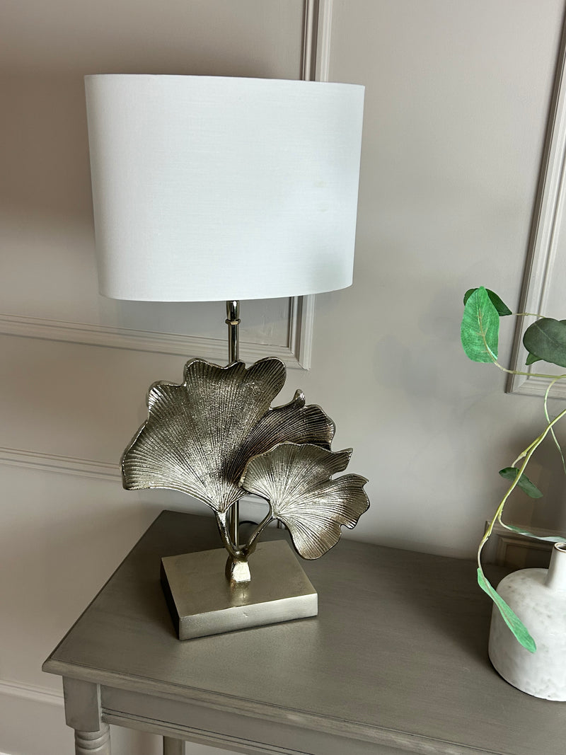 Gingko champagne leaf petal metal lamp with white oval shade