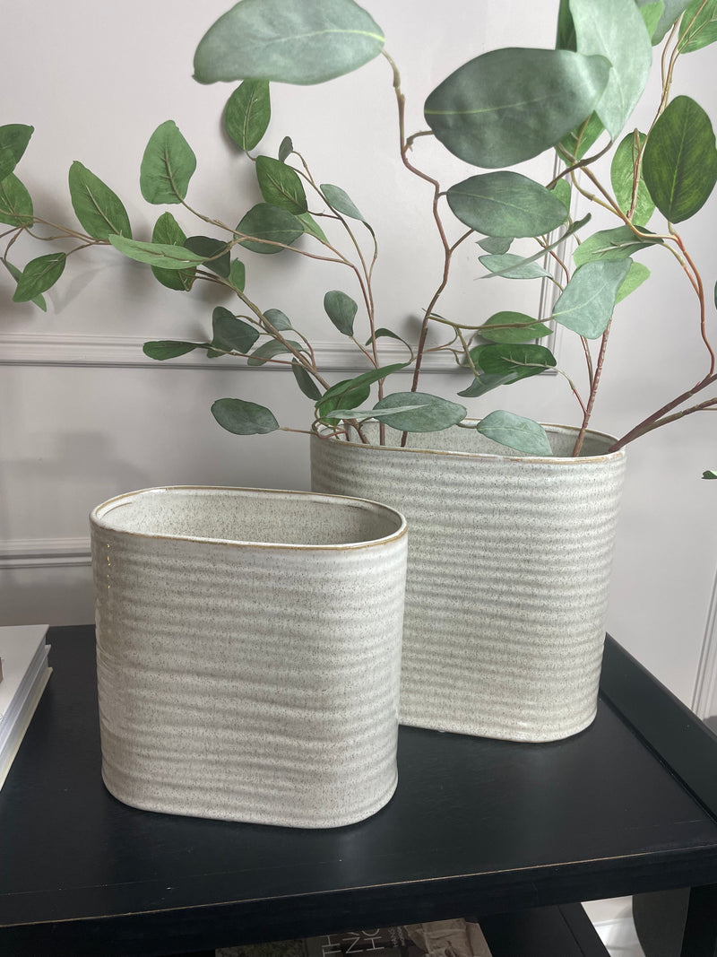 Oval ribbed slim neutral taupe vase