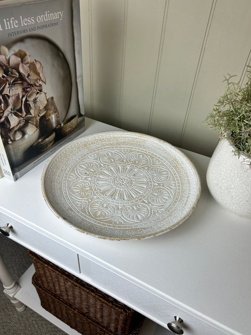 White Wash Wooden Patterned Tray Plate 29cm