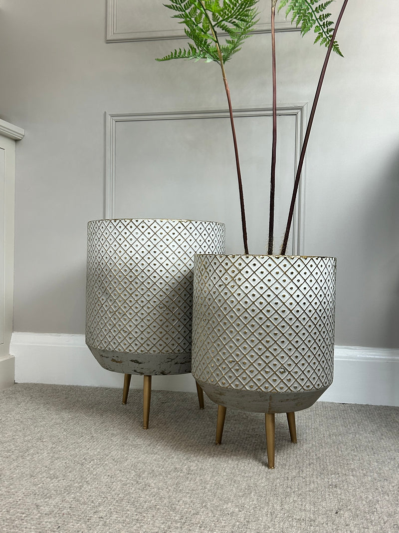 White and gold textured metal floor planter 2 sizes