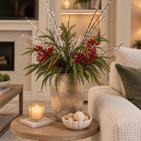 Weeping pine stem red berry pussy willow and snowy branch festive arrangement