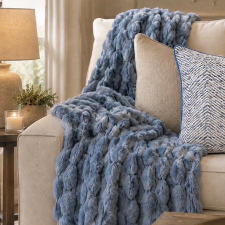 Sift denim Blue textured thick luxurious fur throw 130x170cm