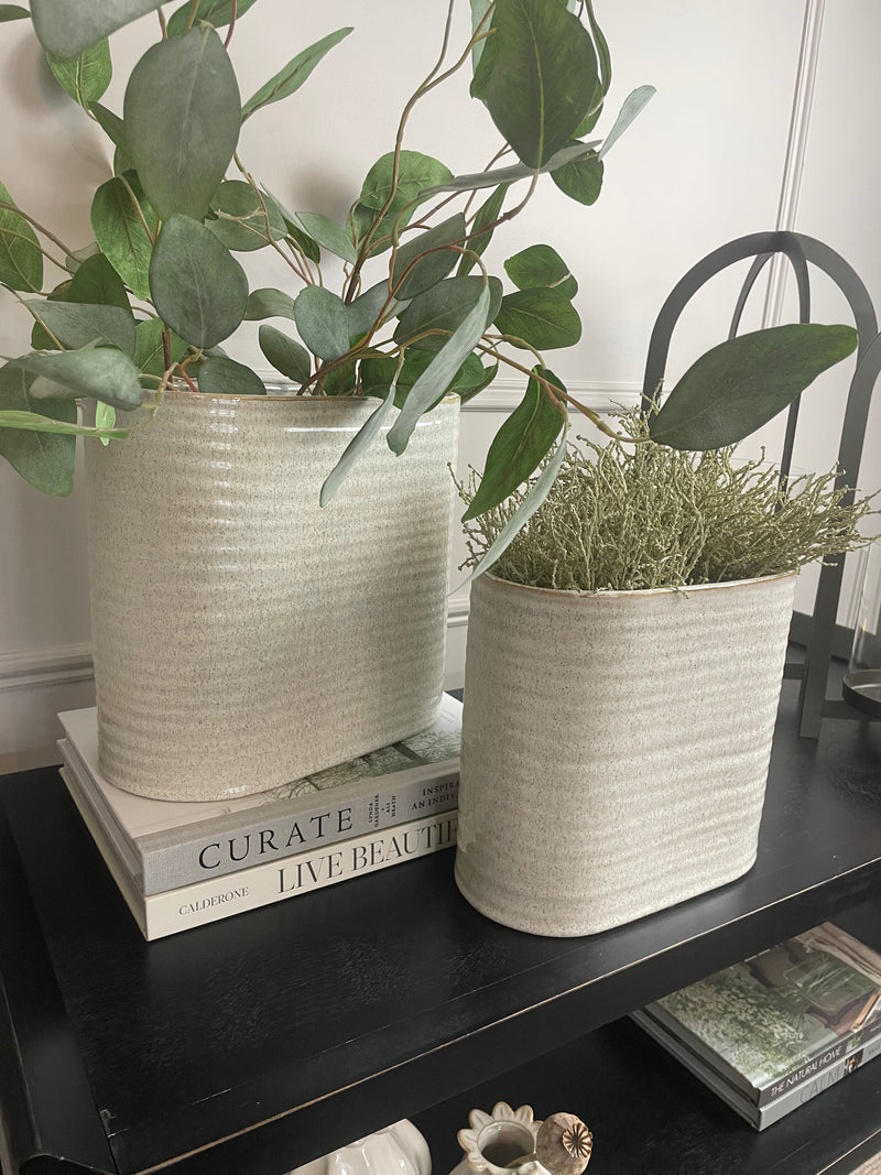 Oval ribbed slim neutral taupe vase