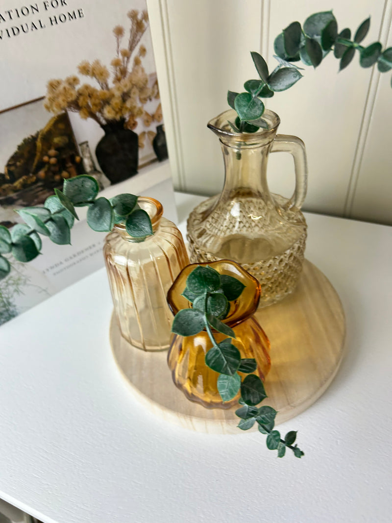 4 Piece Set Glass vase Bottles on Wooden Round Tray amber brown wood