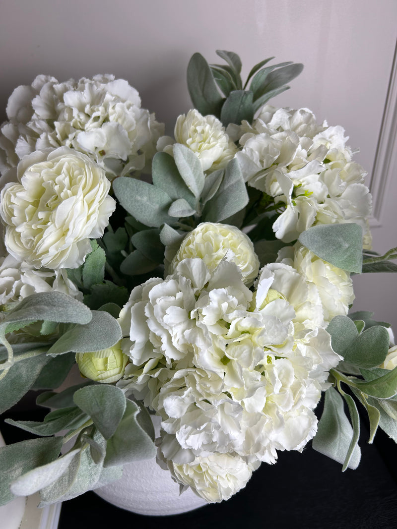 Bouquet arrangement 3 lambs ear white hydrangeas white ranunculus