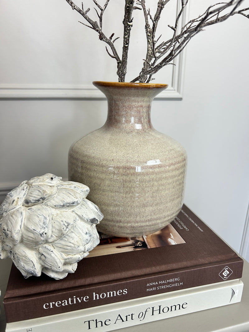 Ceramic textured neutral bottle squat vase