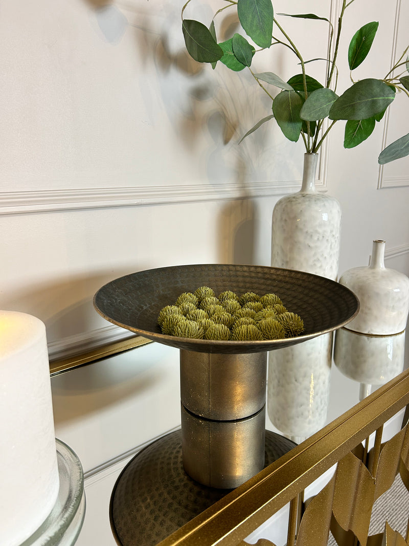 Antique Gold bronze hammered Round Metal Bowl on foot