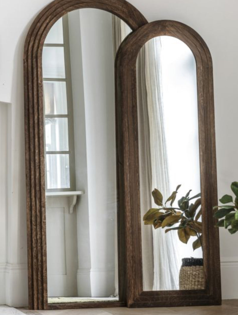 Dark wood stain arched floor length mirror two sizes