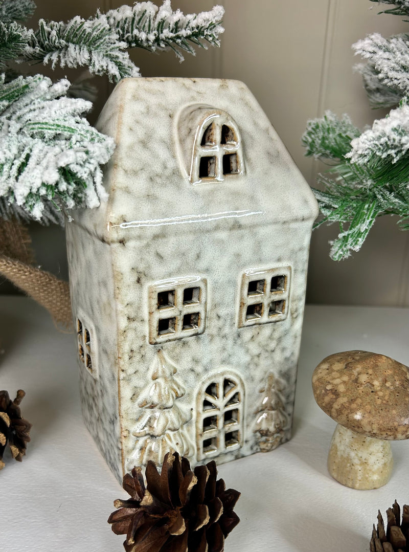 Neutral Two Tone reactive glaze LED light up Ceramic House
