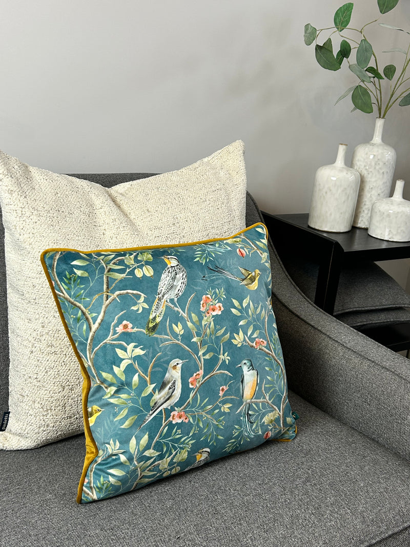 Orient Chinoiserie bird Cushion Slate Blue