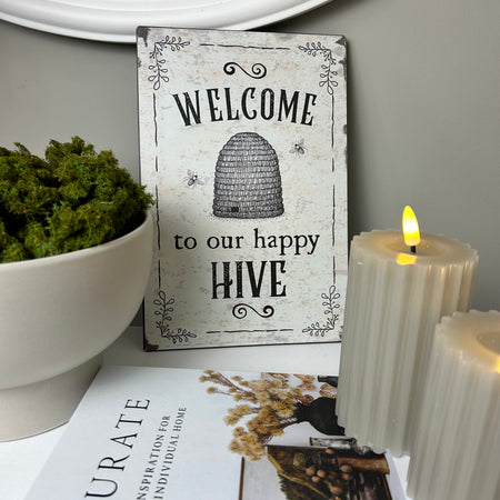‘Welcome to our happy hive’ Metal Vintage Sign Plaque