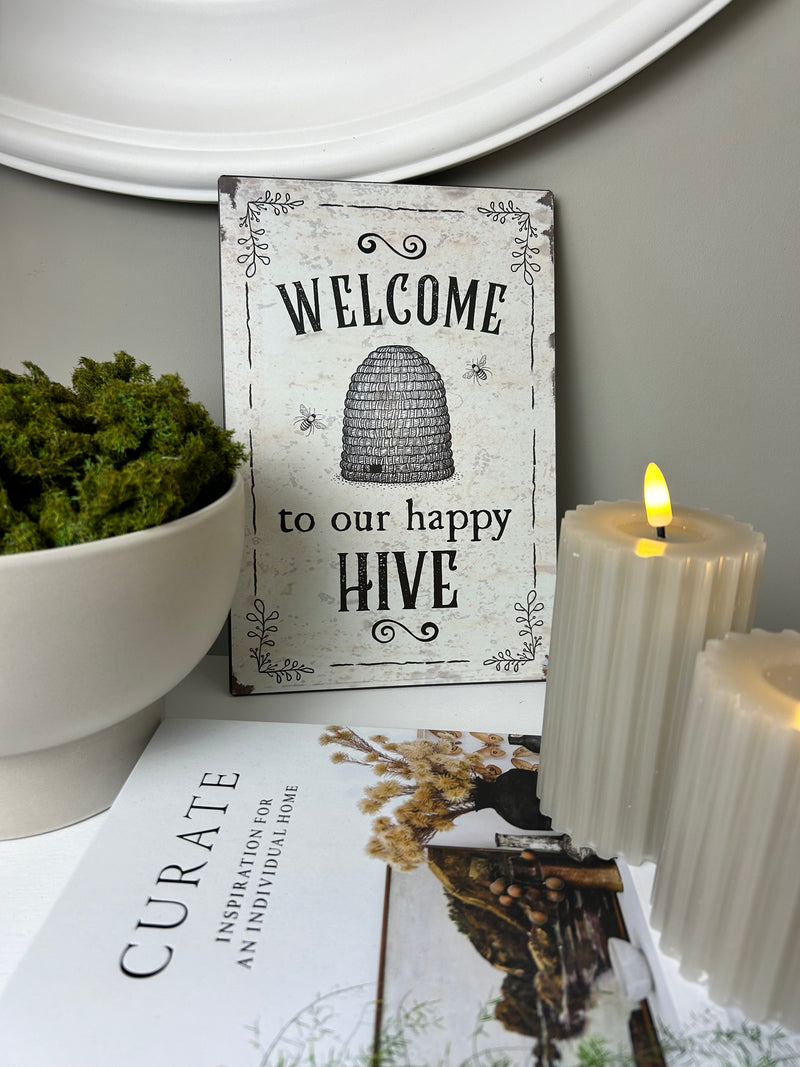‘Welcome to our happy hive’ Metal Vintage Sign Plaque