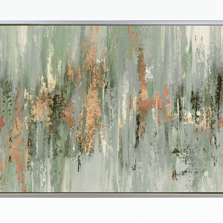 Dripping moss green and gold by Tom Reeves abstract framed canvas 60x96cm