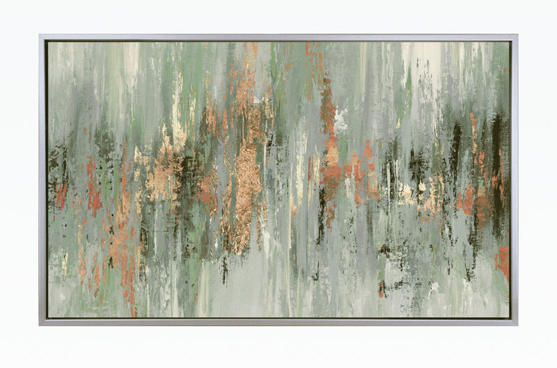 Dripping moss green and gold by Tom Reeves abstract framed canvas 60x96cm
