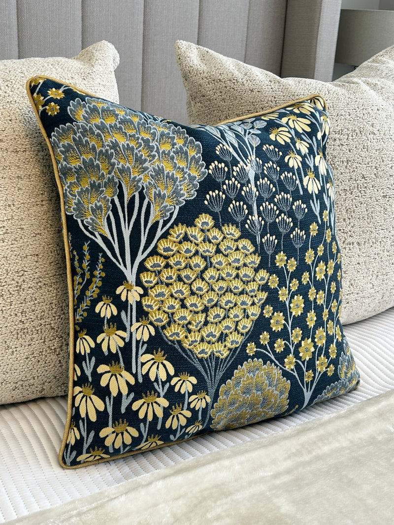 Ophelia Blue Ochre Floral Jacquard Print Cushion 50cm