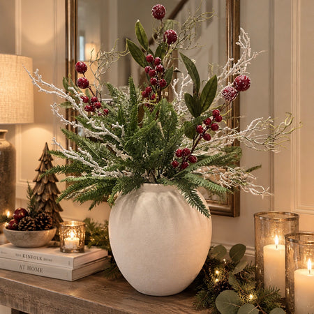 Sword Fern, red berry bunch and snowy twig