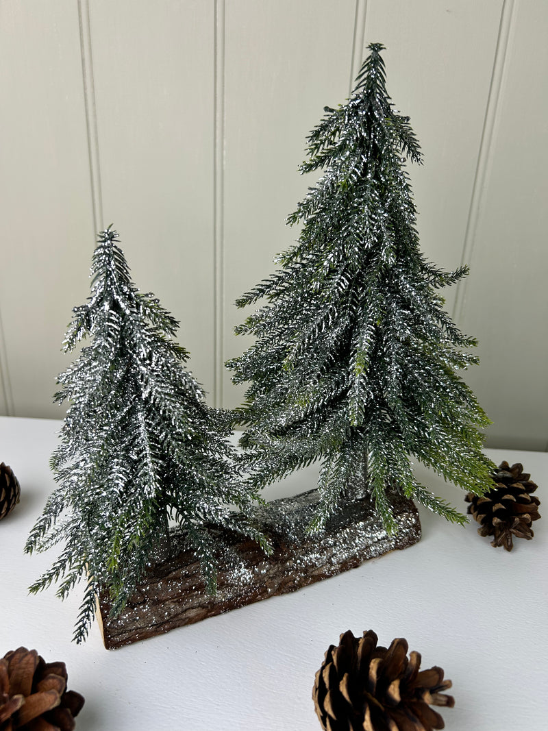 Double Frosted Tree On Wood Base 28cm
