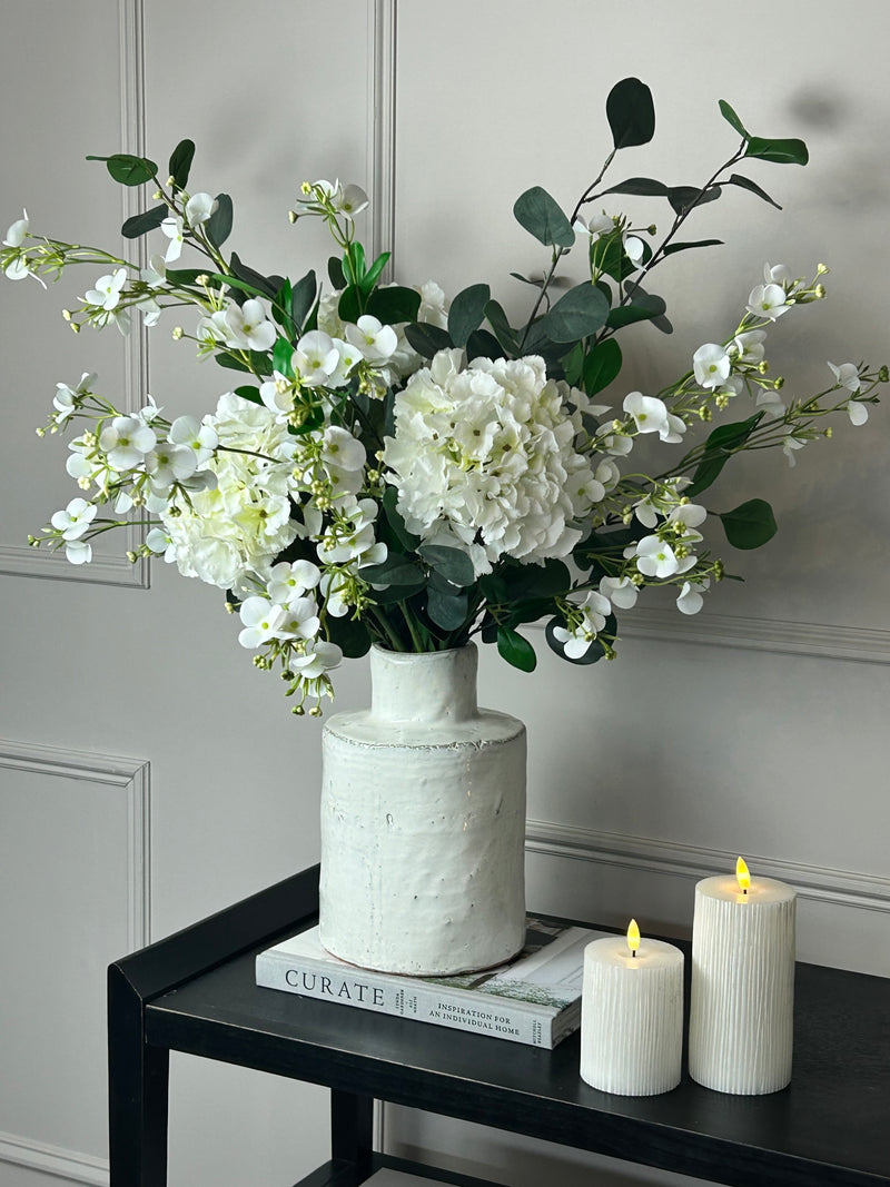 Eucalyptus, white hydrangeas and Florence spray stem arrangement