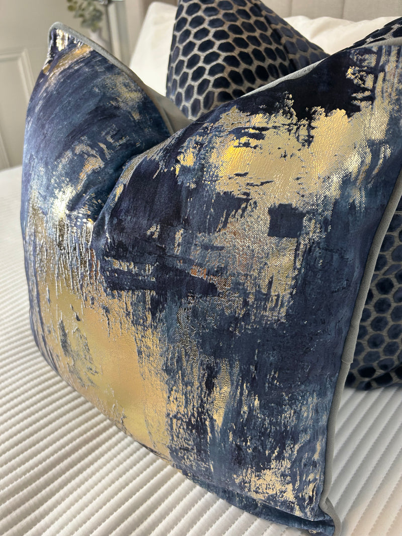 Idyllic abstract navy blue and gold grey luxury cushion