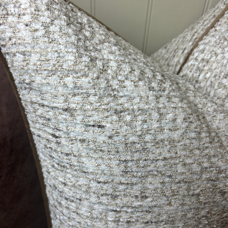 Textured slub large stab print neutral brown trim cushion 58cm