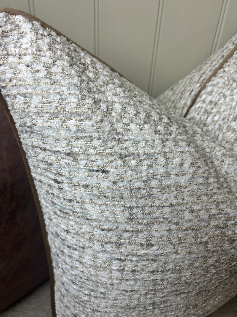 Textured slub large stab print neutral brown trim cushion 58cm