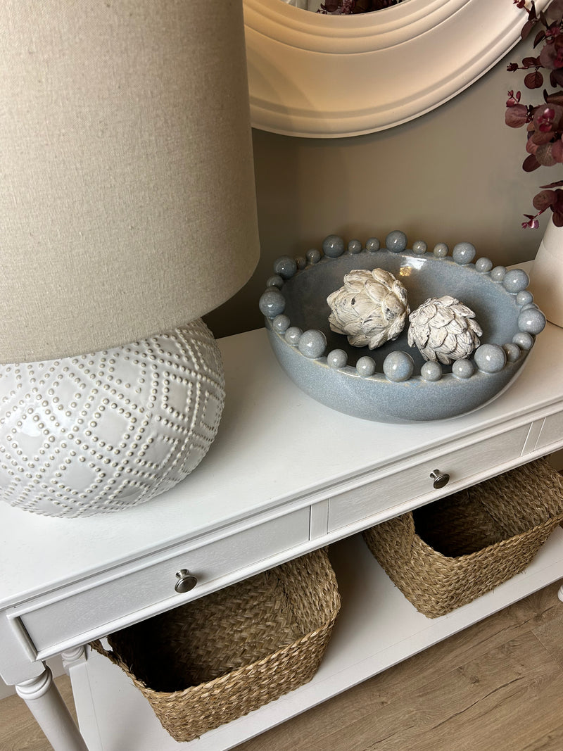 Squat beaded bobble ceramic lamp with shade