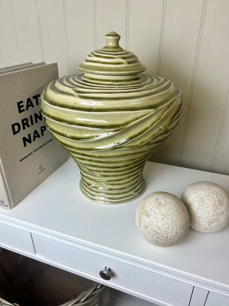 Ceramic green ripple ginger jar vase