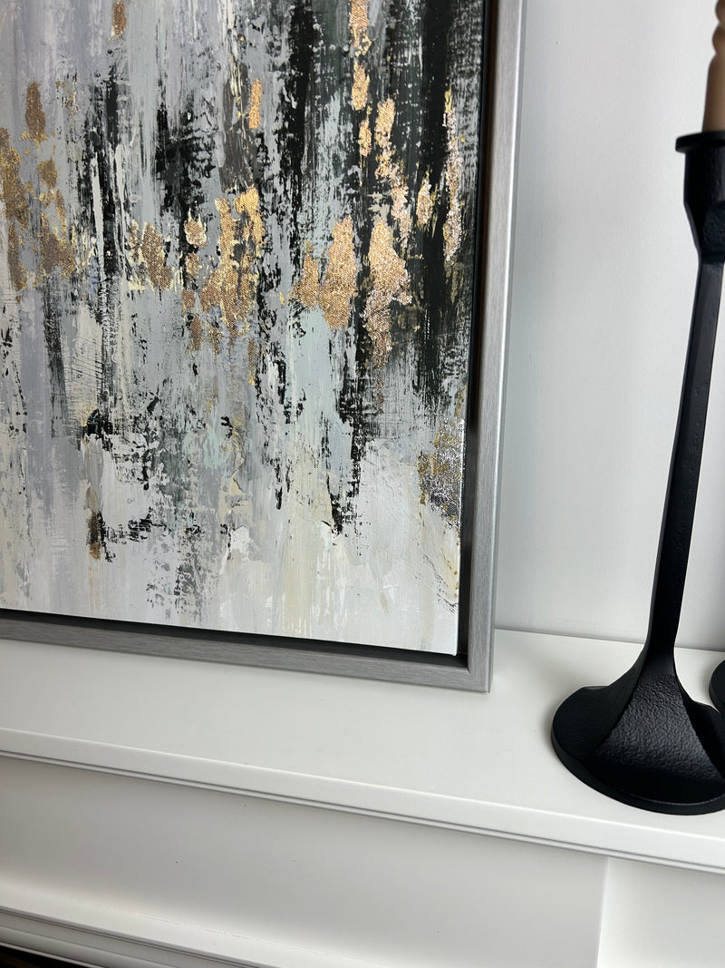Dripping silver abstract framed canvas by Tom Reeves 60x96