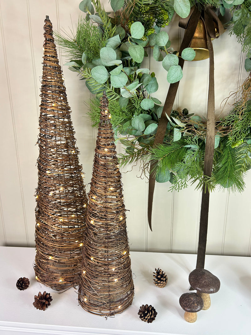 LED cone tree brown twig woven 2 sizes