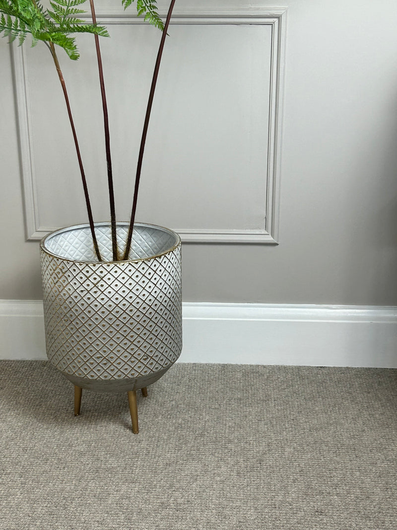 White and gold textured metal floor planter 2 sizes