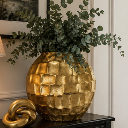 Large Gold metal textured vase 34cm