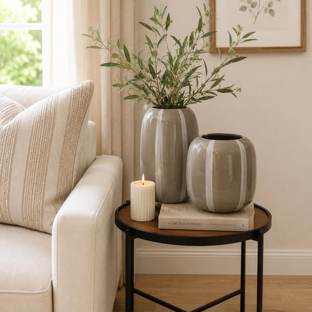Set of two taupe brown white stripe abstract vases