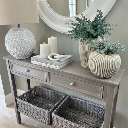 Washed wood 2 drawer console table with shelf