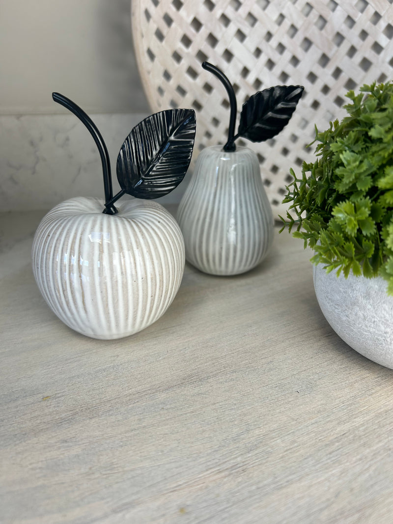 Off white ribbed ceramic apple and pear
