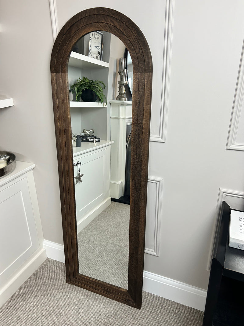 Dark wood stain arched floor length mirror two sizes