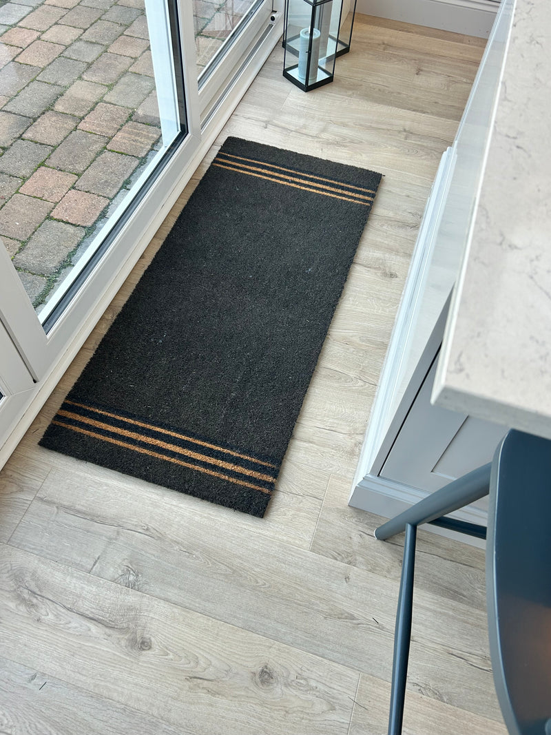 Extra large charcoal triple stripe coir doormat mat rug 125x55cm