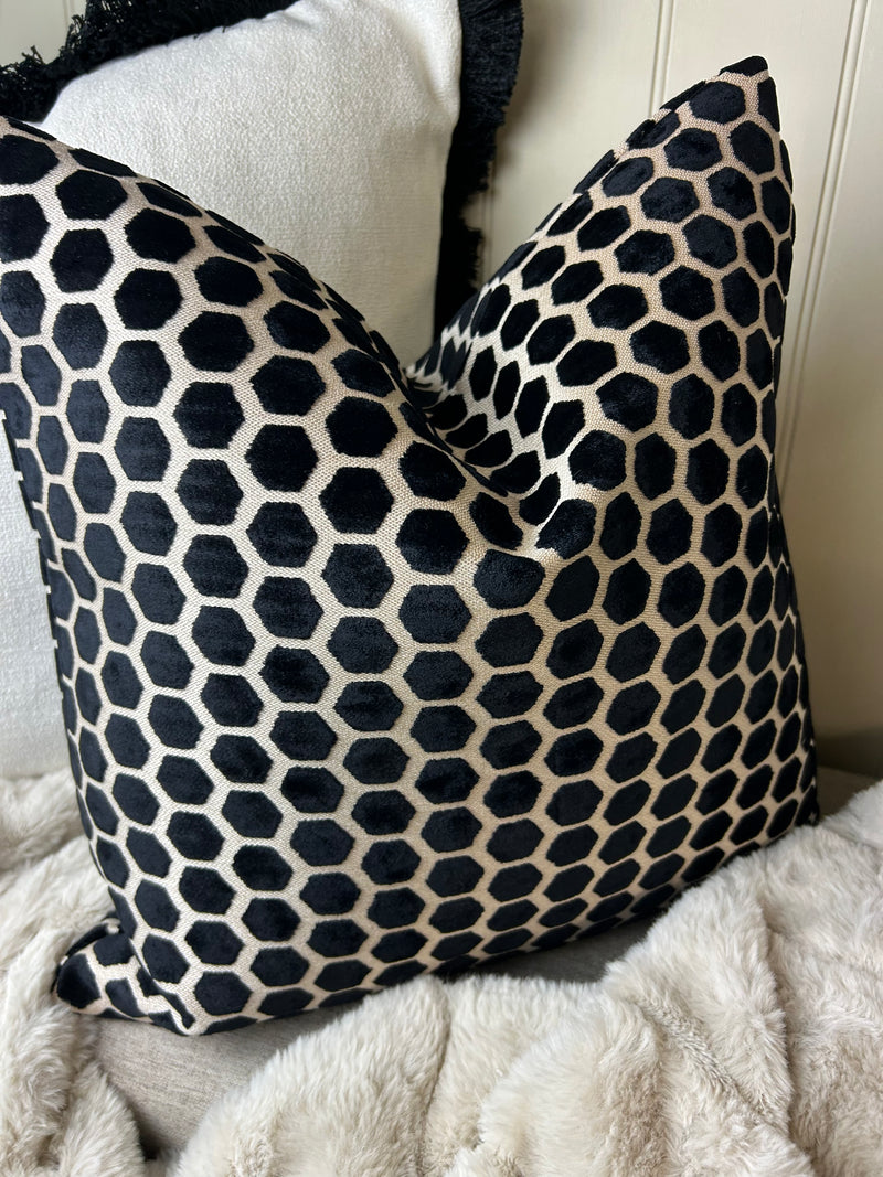 Black Natural printed textured Jorvik hex luxury cushion 43cm