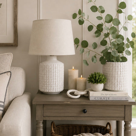 Stone grid print white lamp with linen shade