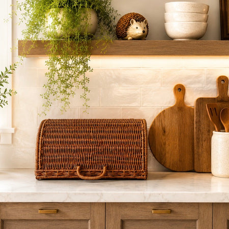 Dark woven rattan bread bin storage basket
